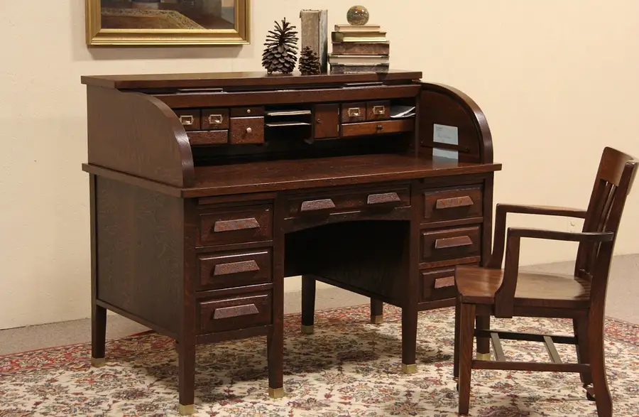 Main image of Arts & Crafts Antique 1910 Quartersawn Oak C Rolltop Desk