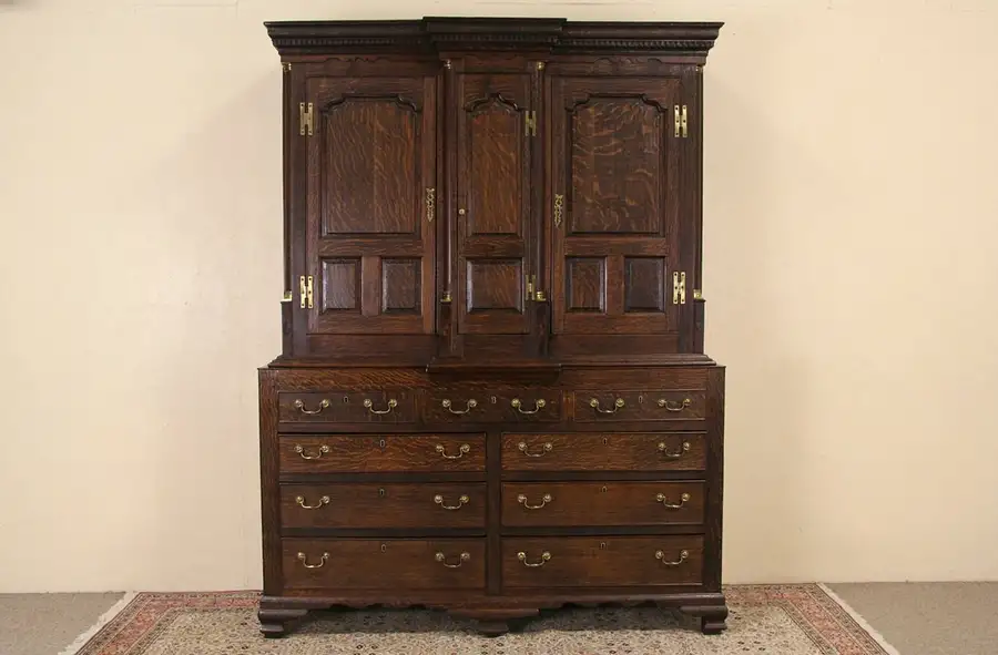 Main image of English 1900 Antique Oak Cabinet or Linen Press, Secret Compartments