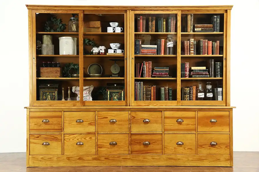 Main image of Country Pine Antique Store Display Cabinet Pantry Cupboard, Sliding Glass Doors