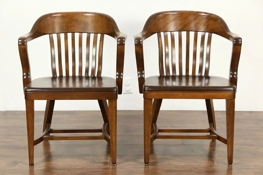 Main image of Pair 1920 Antique Curved Back Birch Banker, Office or Library Chairs