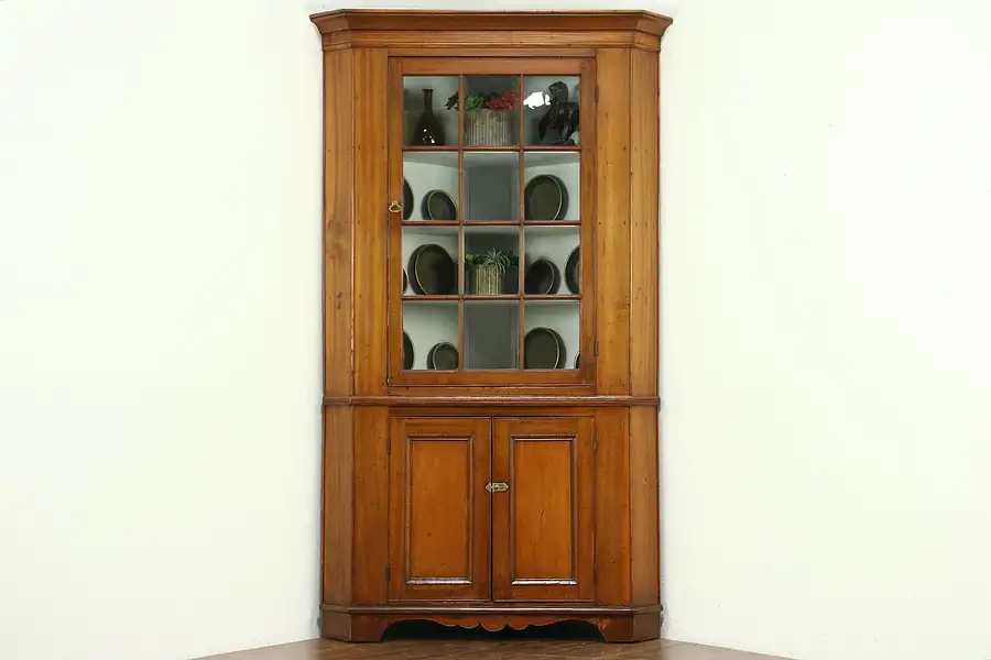 Main image of Corner Cupboard, 1840 Antique Poplar Cabinet, Wavy Glass Doors, Ohio