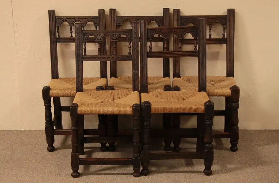 Main image of Set of 5 Walnut Antique 1700's Dining Chairs