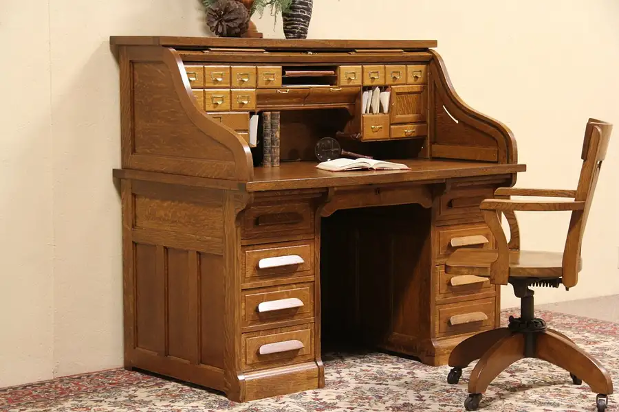 Main image of Oak 1910 Antique Paneled Roll Top Desk, 25 Drawers