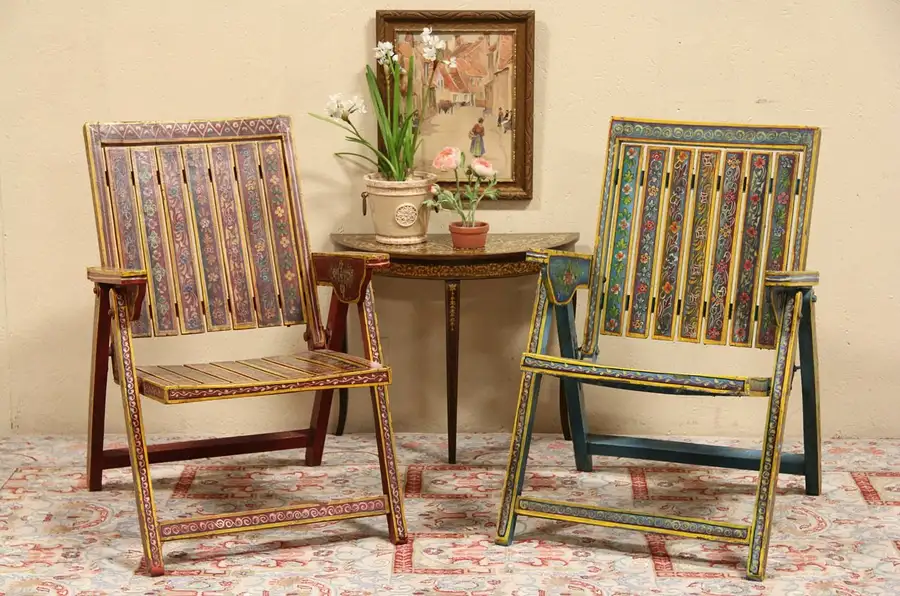 Main image of Pair of Hand Painted Traditional Folk Art Folding Chairs from Sicily