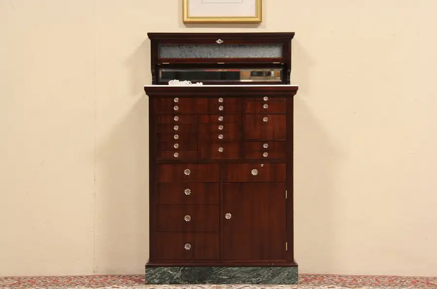 Main image of Dentist Antique 1910 Mahogany 21 Drawer Dental Cabinet, Marble Base