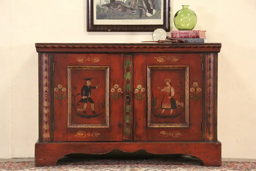 Main image of Norway Folk Art Hand Painted 1860's Antique Cabinet, TV Console