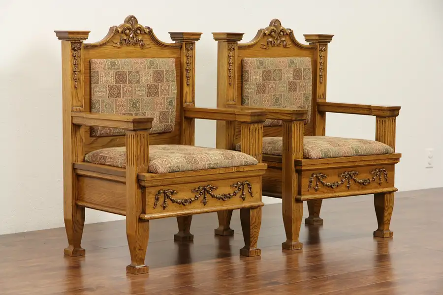 Main image of Pair of Oak 1900 Antique Throne or Hall Chairs, New Upholstery
