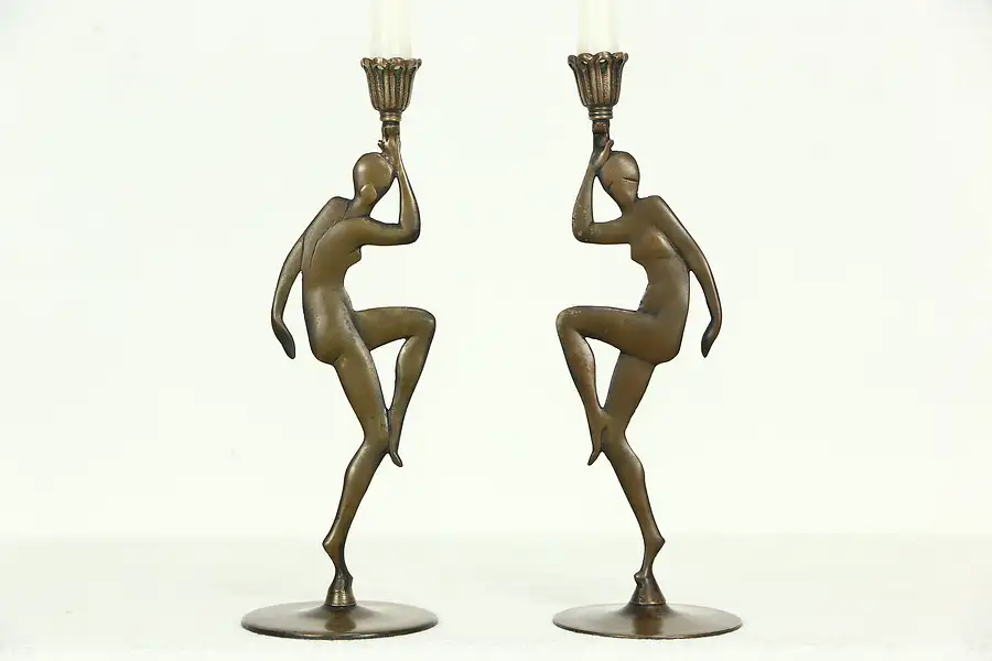 Main image of Pair 1930's Bronze Nude Dancer Vintage Candlesticks