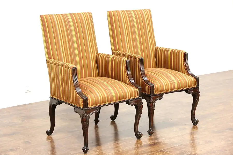 Main image of Pair Traditional 1930's Vintage Carved Mahogany Chairs, New Stripe Upholstery