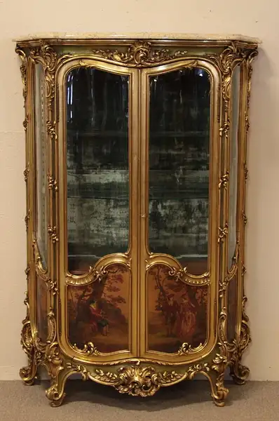 Main image of French Curved Glass Gold Hand-painted Curio Cabinet
