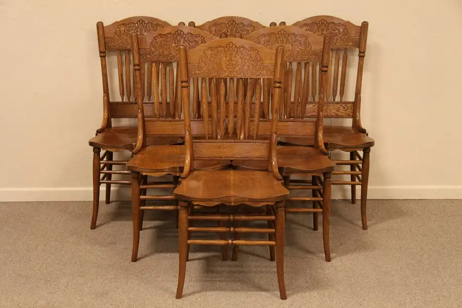 Main image of Set of 6 Northwind Carved Oak Dining Chairs