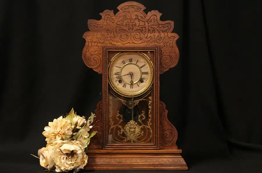 Main image of Waterbury 1895 Antique Oak Shelf or Mantel Clock