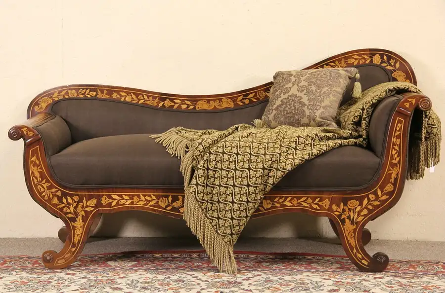 Main image of Dutch Marquetry 1870 Antique Recamier, Chaise or Settee