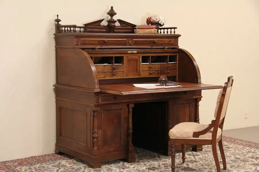 Main image of German 1880 Antique Cylinder Roll Top Desk, Carved Walnut, Leather Top