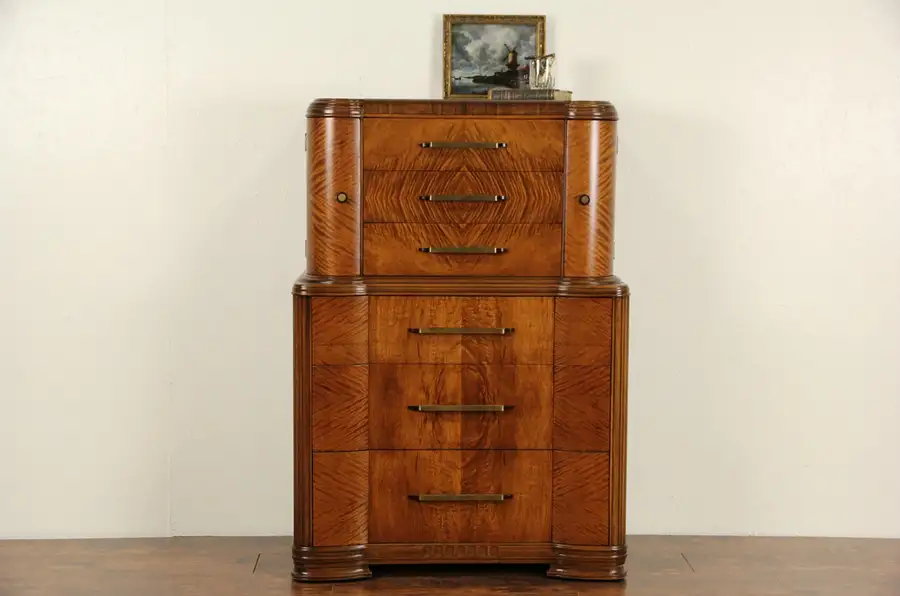 Main image of Waterfall Art Deco 1940 Vintage Tall Chest or Highboy Dresser