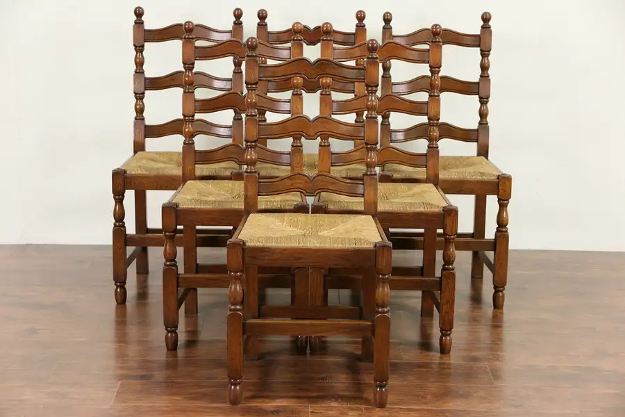 Main image of Set of 6 Scandinavian Country 1920's Antique Oak Dining Chairs, Rush Seats