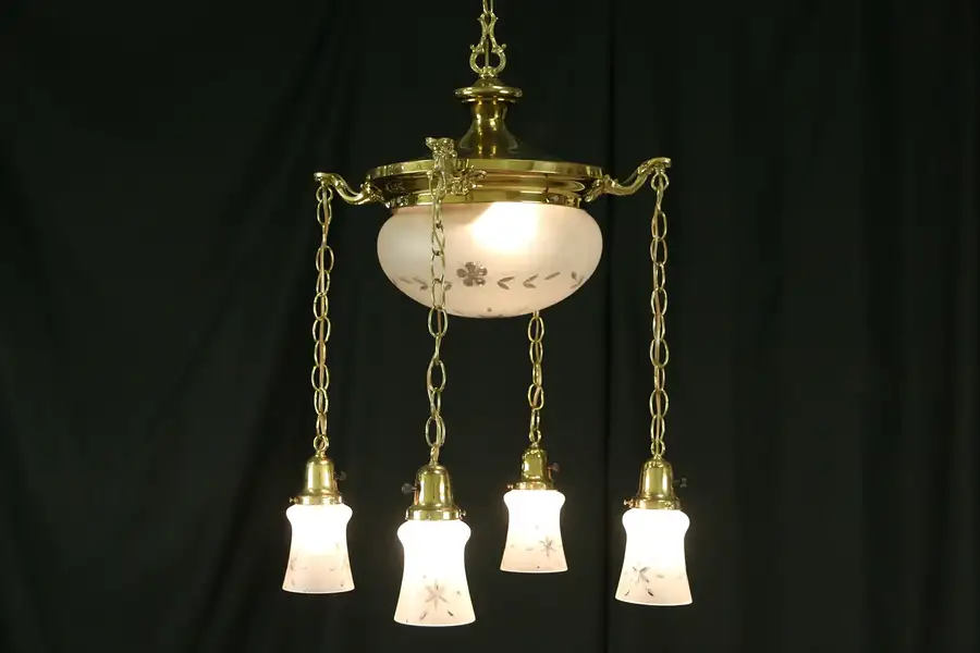 Main image of Brass 1910 Antique Ceiling Light Fixture, 5 Cut Glass Shades