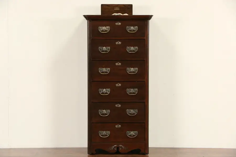 Main image of Victorian Antique 1900 Oak Narrow Tall Chest or Dresser