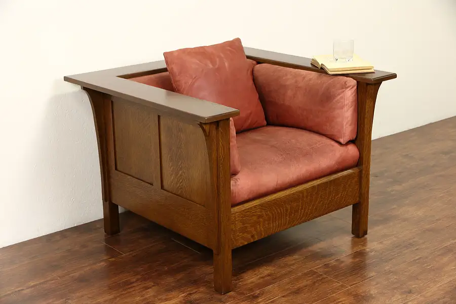 Main image of Stickley Signed Craftsman Oak Vintage Chair, Original Leather