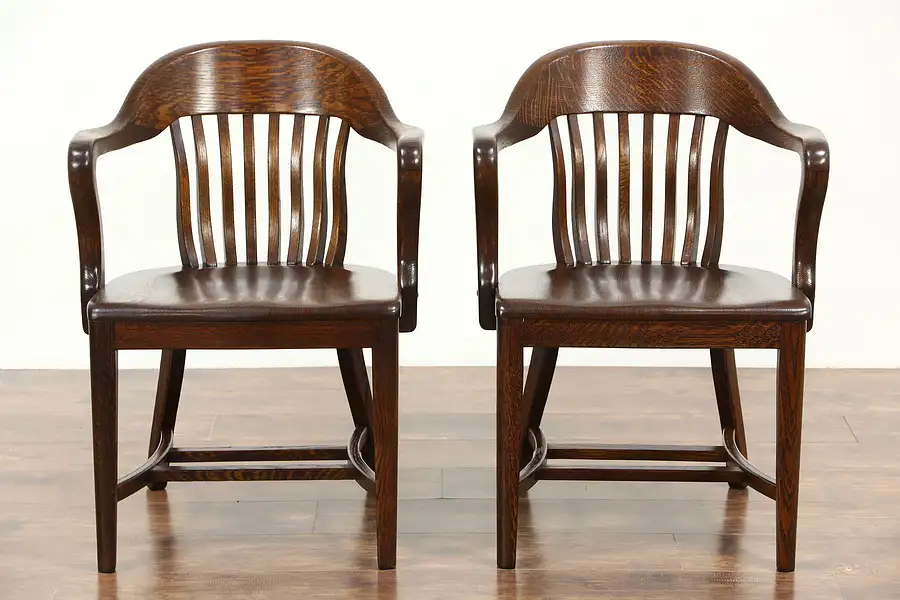 Main image of Pair of Quarter Sawn Oak 1910 Antique Banker, Desk or Office Chairs