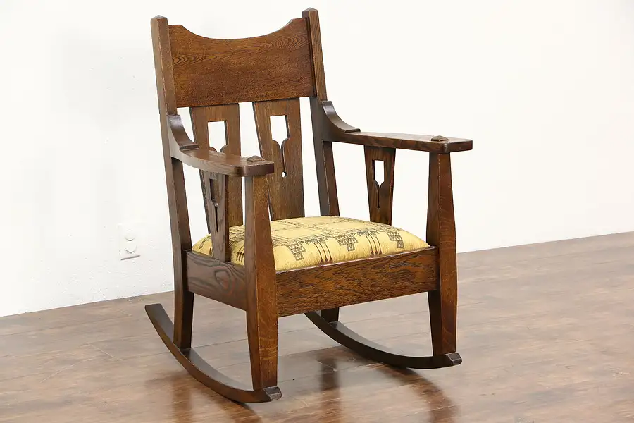 Main image of Arts & Crafts Mission Oak Antique Rocker, Craftsman Rocking Chair New Upholstery