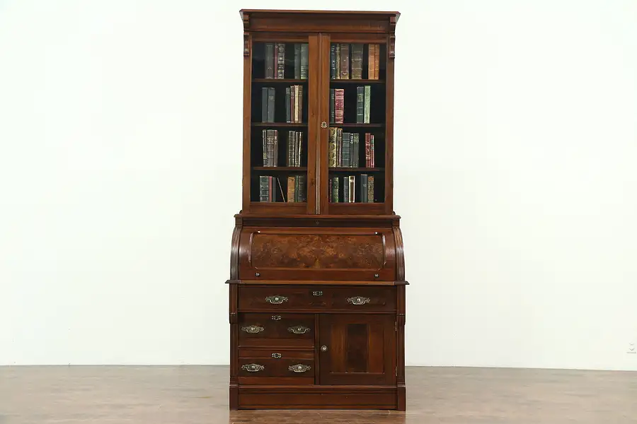 Main image of Victorian Eastlake Antique Cylinder Roll Top Secretary Desk & Bookcase