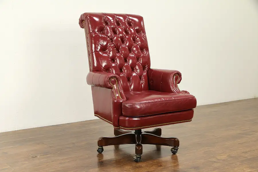 Main image of Leather Tufted Swivel Adjustable Desk Chair, Brass Nailheads, Councill