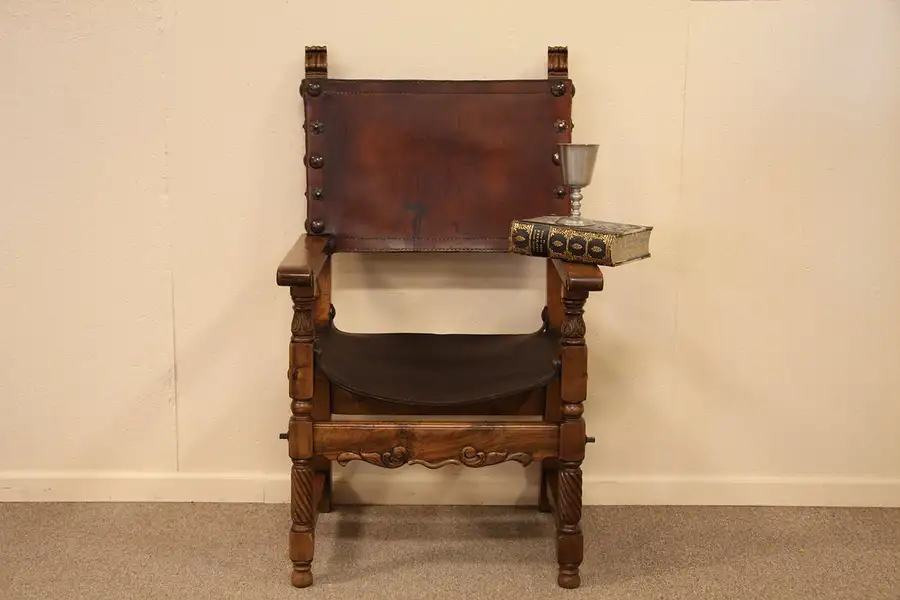 Main image of Spanish Carved Leather Antique Campaign Chair