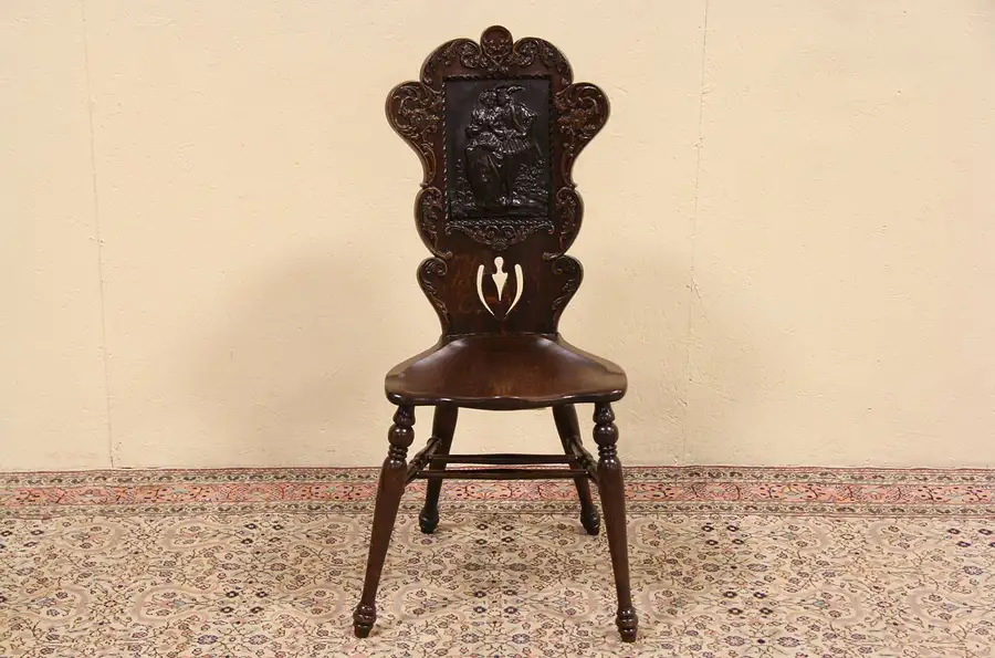 Main image of Oak 1900 Antique Chair with Leather Courting Couple Panel
