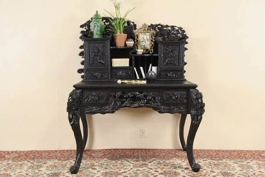 Main image of Chinese 1930's Writing Desk, Hand Carved Birds