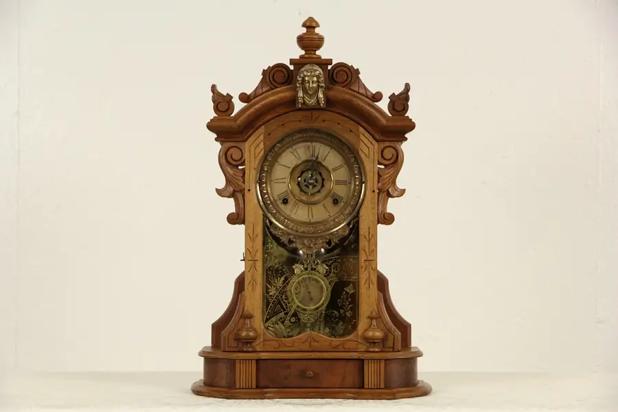 Main image of Ansonia NY Signed 1880 Antique Carved Walnut Clock with Alarm
