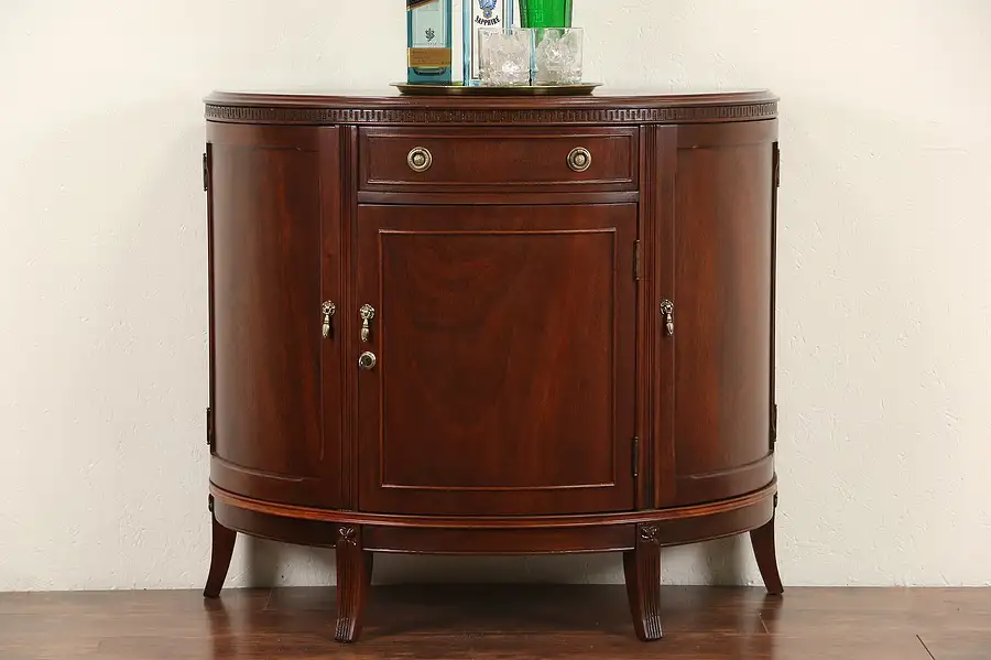 Main image of Demilune Half Round Mahogany Signed Console Liquor or Bar Cabinet, 1940 Vintage