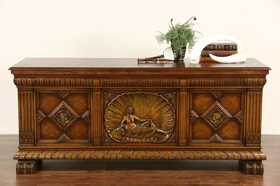 Main image of Oak Scandinavian 1920's Antique Sideboard TV Console, Carved Figures