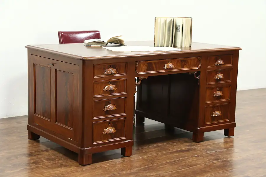 Main image of Victorian Antique 1860 Carved Architect Partner Desk with Drawing Holders