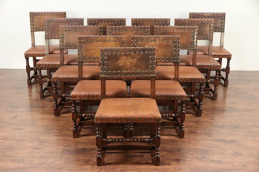 Main image of Set of 12 Oak Antique English Dining Chairs, Leather, Waring & Gillows
