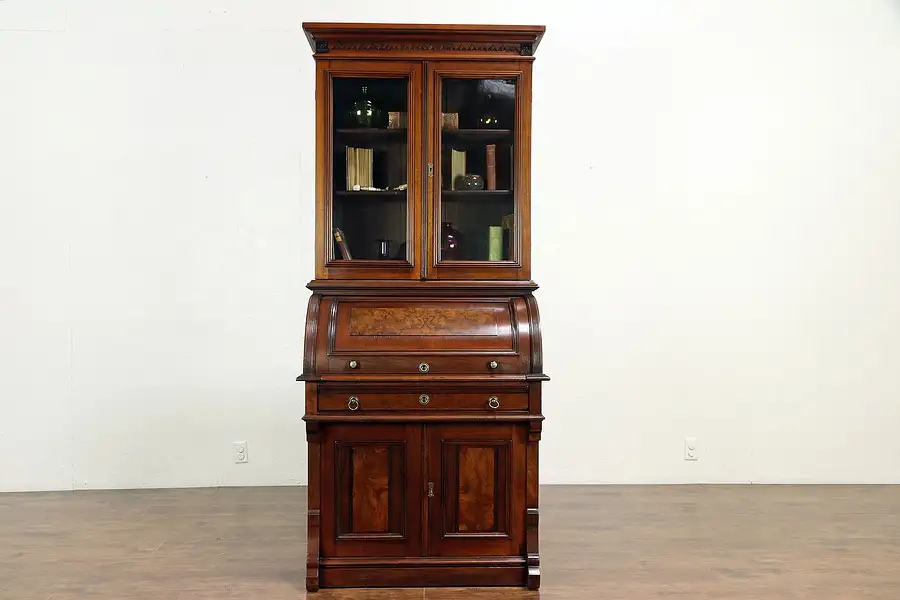 Main image of Victorian Antique Walnut Cylinder Roll Top Secretary Desk & Bookcase