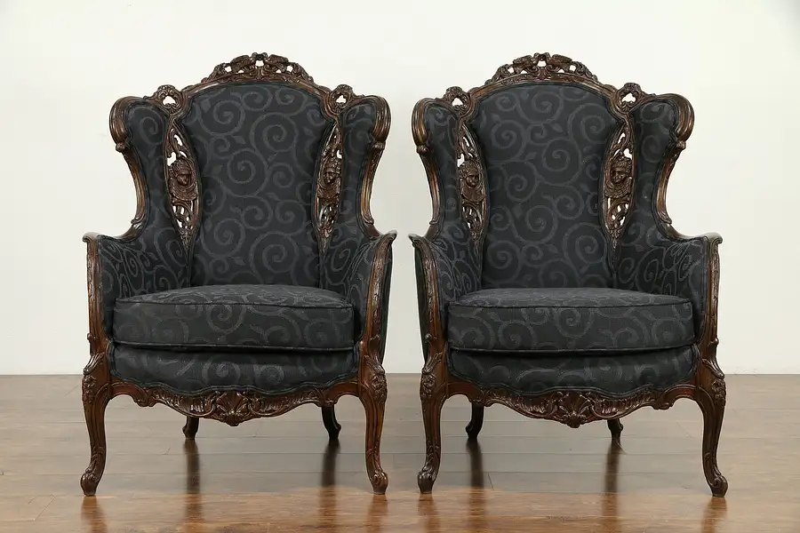 Main image of Pair of Vintage Wing Chairs, Carved Lovebirds & Angels, New Upholstery