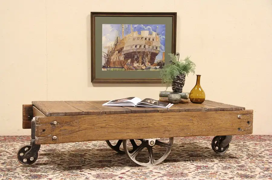 Main image of Industrial 1900's Antique Railroad Oak Cart or Coffee Table