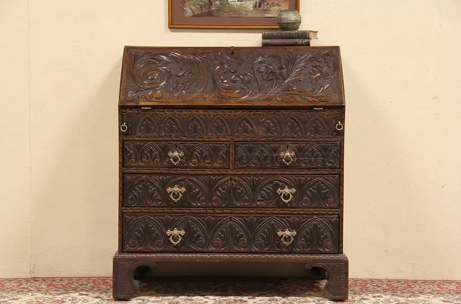 Main image of Carved Knights Oak 1880 Secretary Desk, Secret Compartments