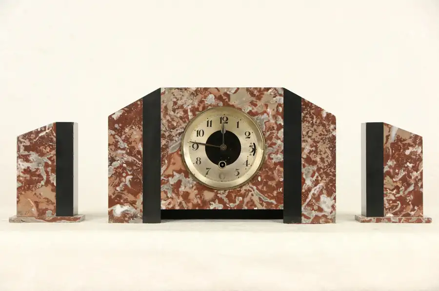 Main image of French Art Deco 1925 Antique Three Piece Colored Marble Clock Set