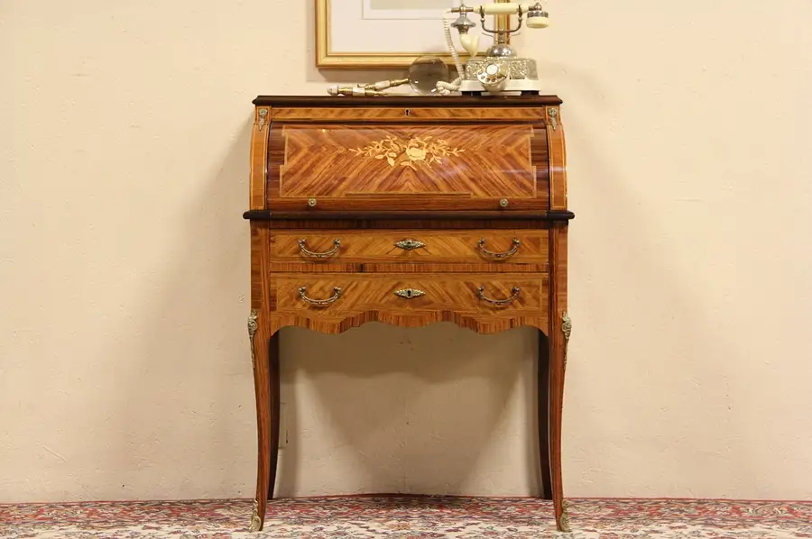 Main image of French Rosewood Marquetry Cylinder Rolltop Vintage Desk