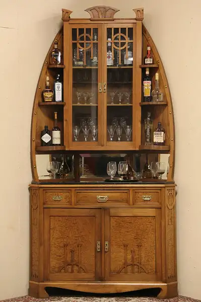 Main image of Art Nouveau Vienna 1900 Corner Bar Server Cabinet, Marble Top
