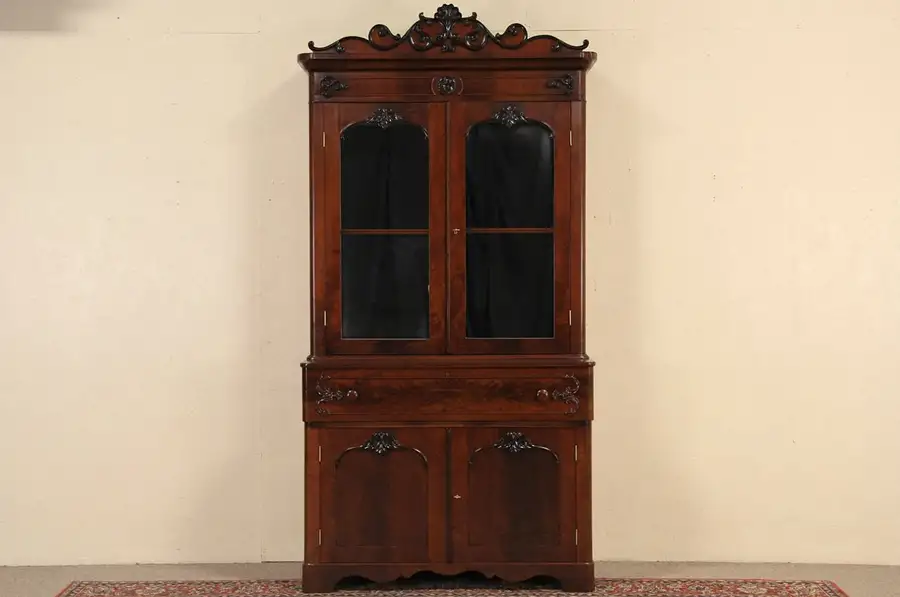 Main image of Victorian Antique 1850 Secretary Desk, Bookcase Top, Secret Drawers