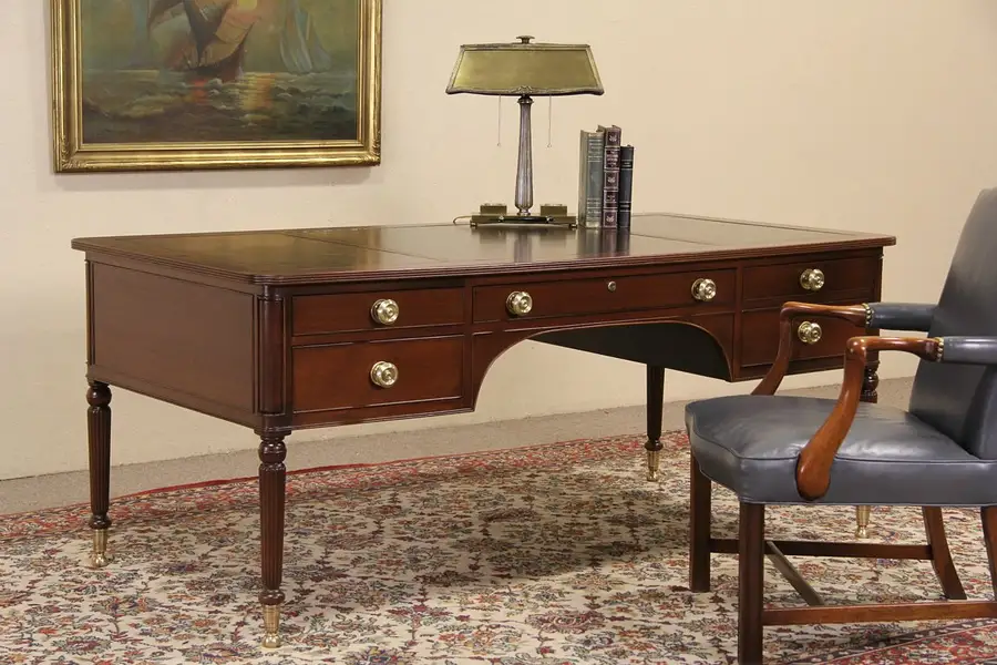 Main image of Kittinger Mahogany Vintage Executive Writing Desk, Tooled Leather Top