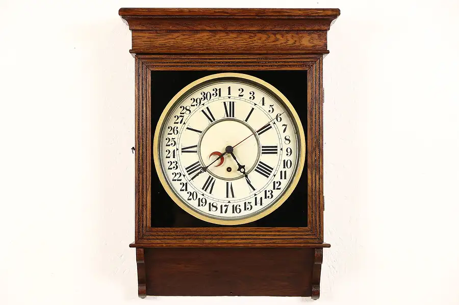 Main image of Oak 1890's Antique Calendar Clock, Signed Sessions, Connecticut