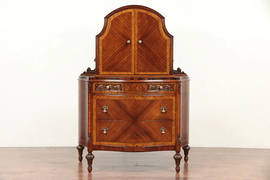 Main image of Curved Antique Tall Chest or Chifferobe, Rosewood, Banding & Carving