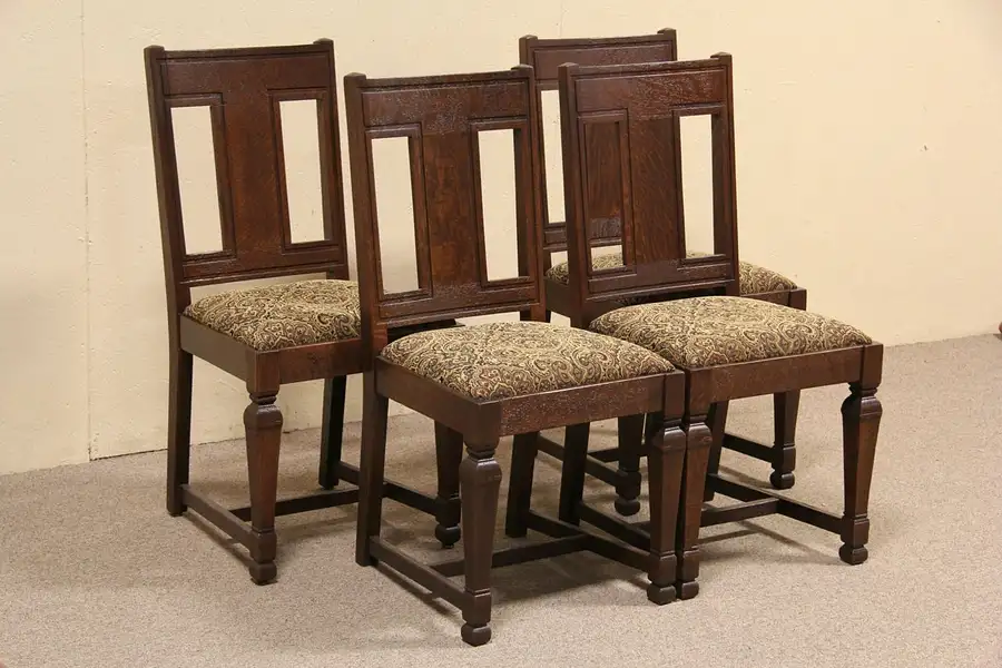 Main image of Set of 4 Arts & Crafts Mission Oak 1910 Antique Dining or Game Table Chairs