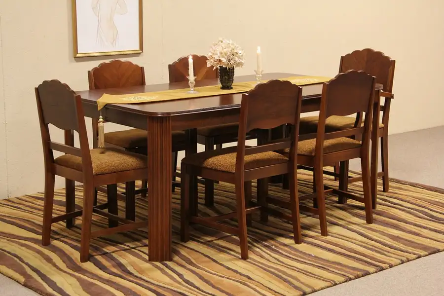 Main image of Art Deco 1935 Vintage Dining Set, Table & Leaf, 6 Chairs