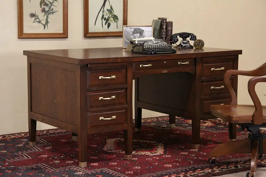 Main image of Revelle Chicago 1915 Oak Desk, Brass Feet & Pulls