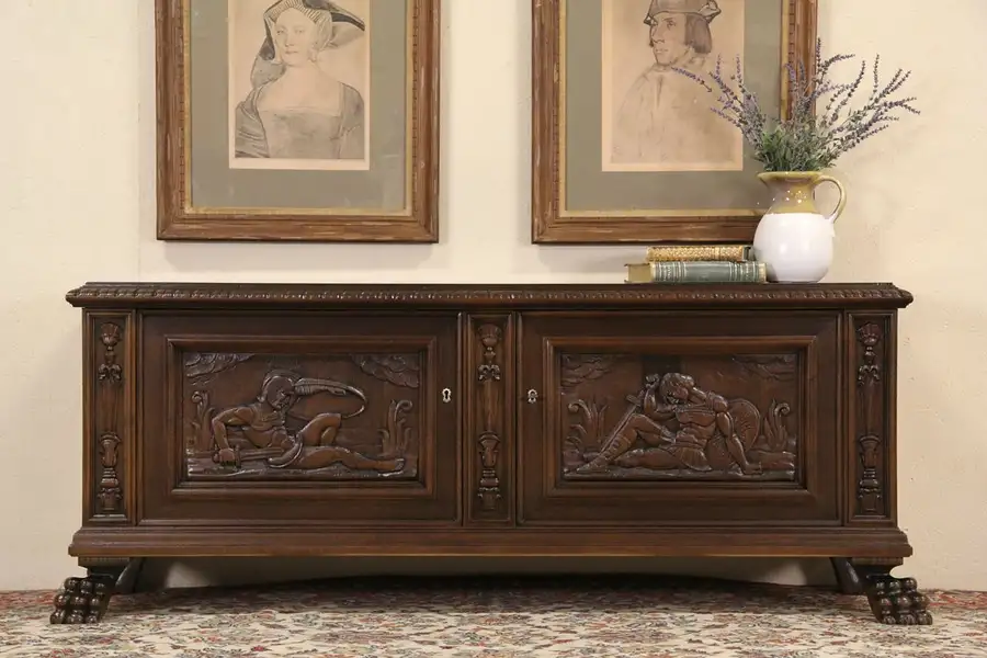 Main image of Oak 1915 Danish Antique Cabinet or TV Console, Carved Warriors, Paw Feet